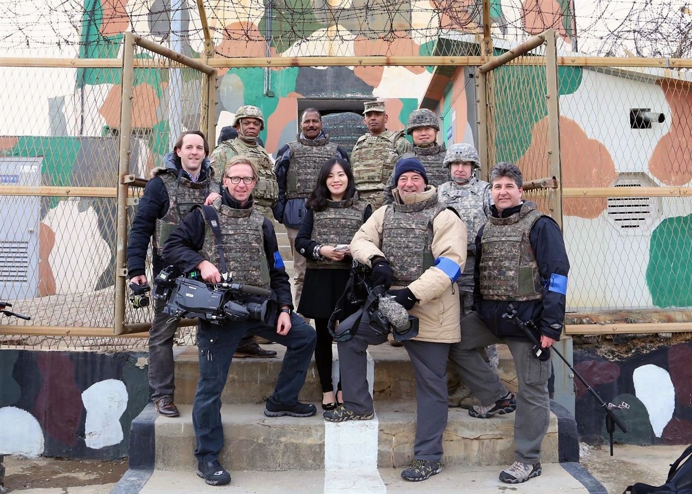 Guy Campanile with a network news crew and military escort at the Korean DMZ
