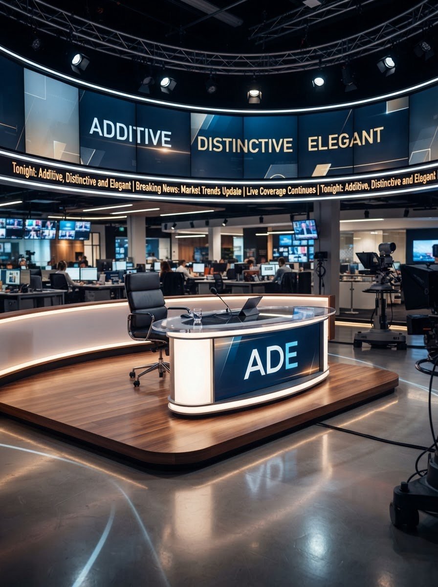 News studio anchor desk beneath a video wall reading Additive, Distinctive, Elegant